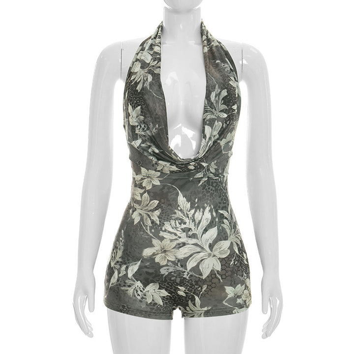 Dame Bodycon Playsuit med dyb udskæring og animal print Skovae