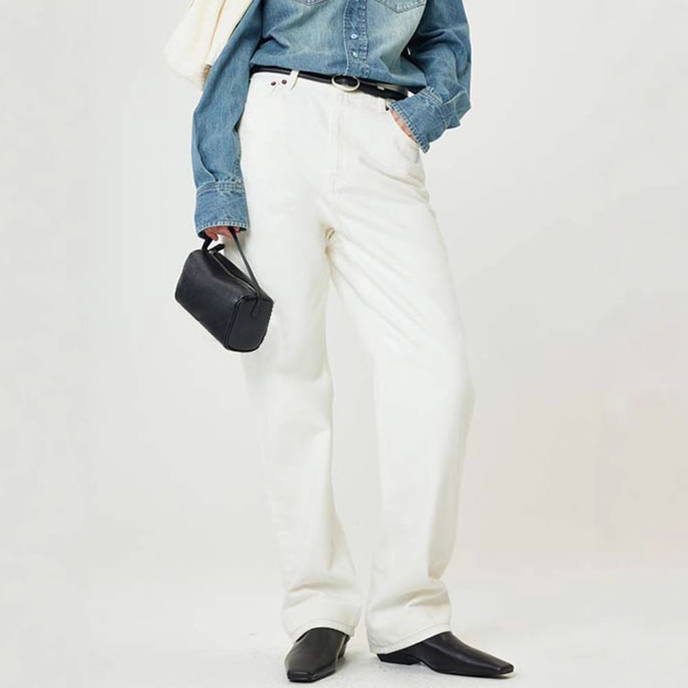 Dame løse højtaljede jeans med lige ben og klassiske knapdetaljer Stilla