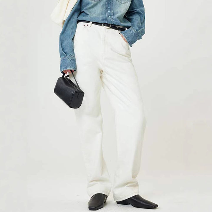 Dame løse højtaljede jeans med lige ben og klassiske knapdetaljer Stilla
