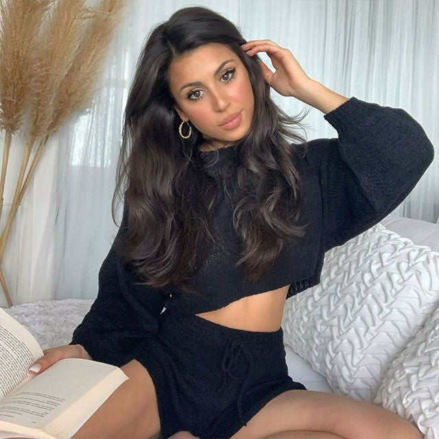 Damer Crop Strik Suit med Løse Shorts og Elegant Ærmer Skovae