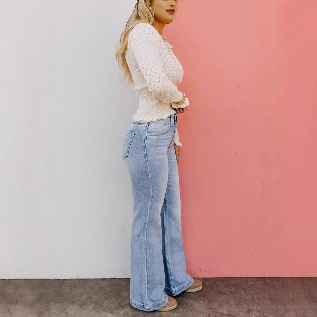 Dame Mode High-Waist Jeans med bred ben Stilla