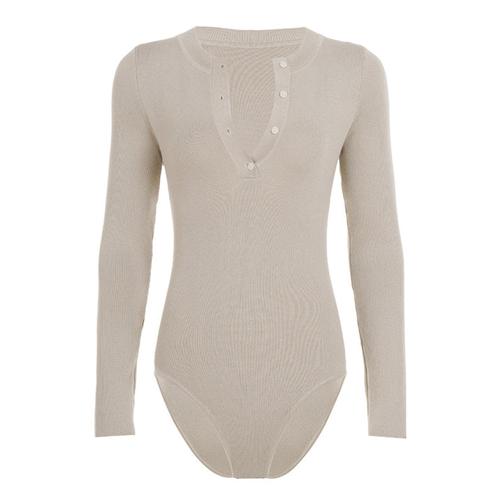 Dame Langærmet Bodysuit med knapdetalje og struktureret materiale Skovae