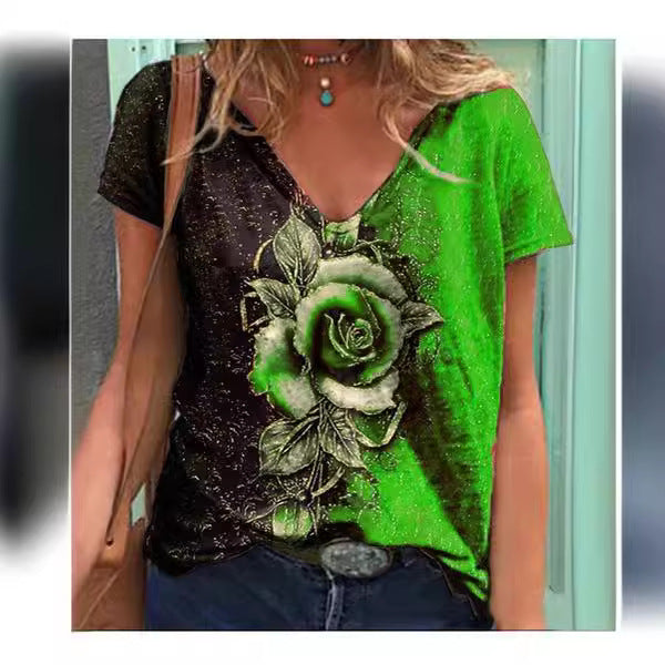 Dame Kunstnerisk Blomster Grafik V-Udsnit T-Shirt Stilla