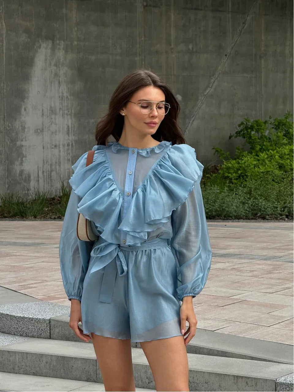 Damer stilfuld chiffon sæt med flæsedetaljer og taljebælte Skovae