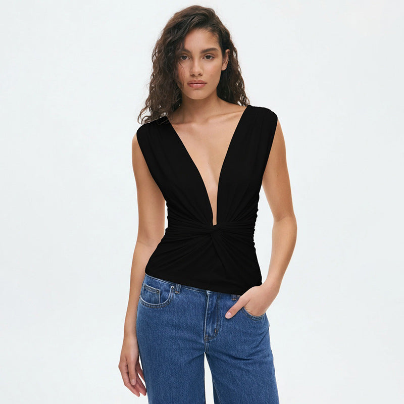 Damen elegantes Wickeloberteil mit tiefem V-Ausschnitt und raffinierter Drapierung Skovae
