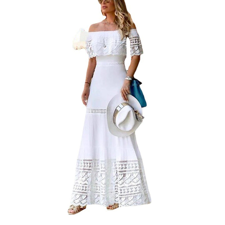 Dame maxikjole med romantisk spidsafslutning og off-shoulder design Stilla
