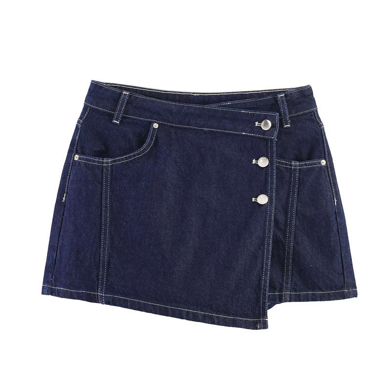 Dame denim mini nederdel i asymmetrisk snit med dekorative knapper Skovae