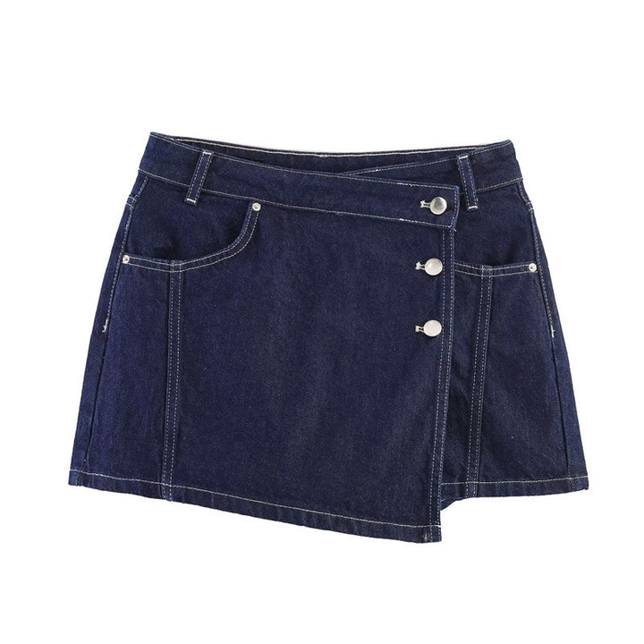 Dame denim mini nederdel i asymmetrisk snit med dekorative knapper Skovae