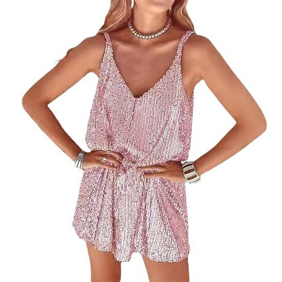 Kvinders glitrende jumpsuit med dyb V-hals og elastisk talje Skovae