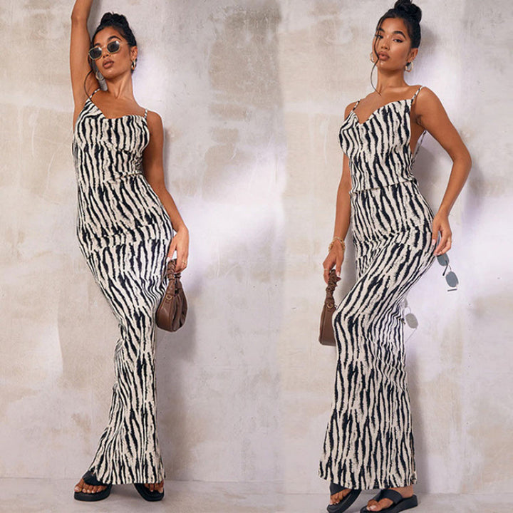 Femme Elegante Maxi Kjole med Zebra Print Stilla