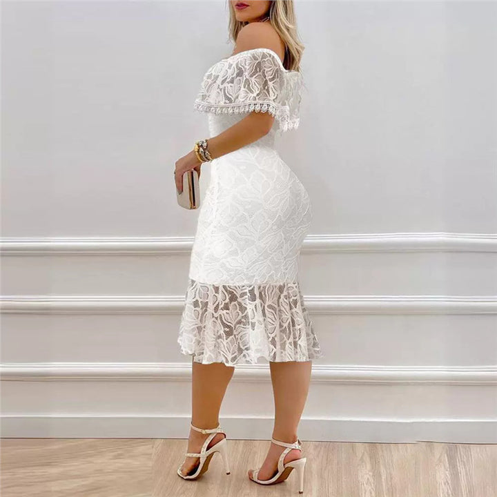 Damen Off-Shoulder Spitzenkleid mit voluminösem Saum Skovae
