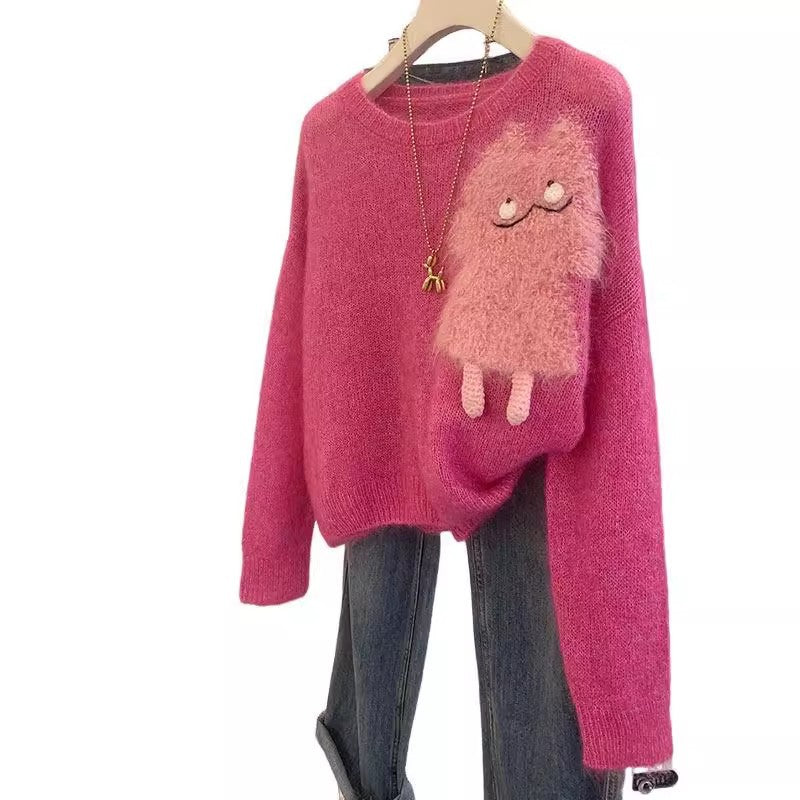 Dame hyggelig sweater med cartoon-applikation og blødt materiale Stilla
