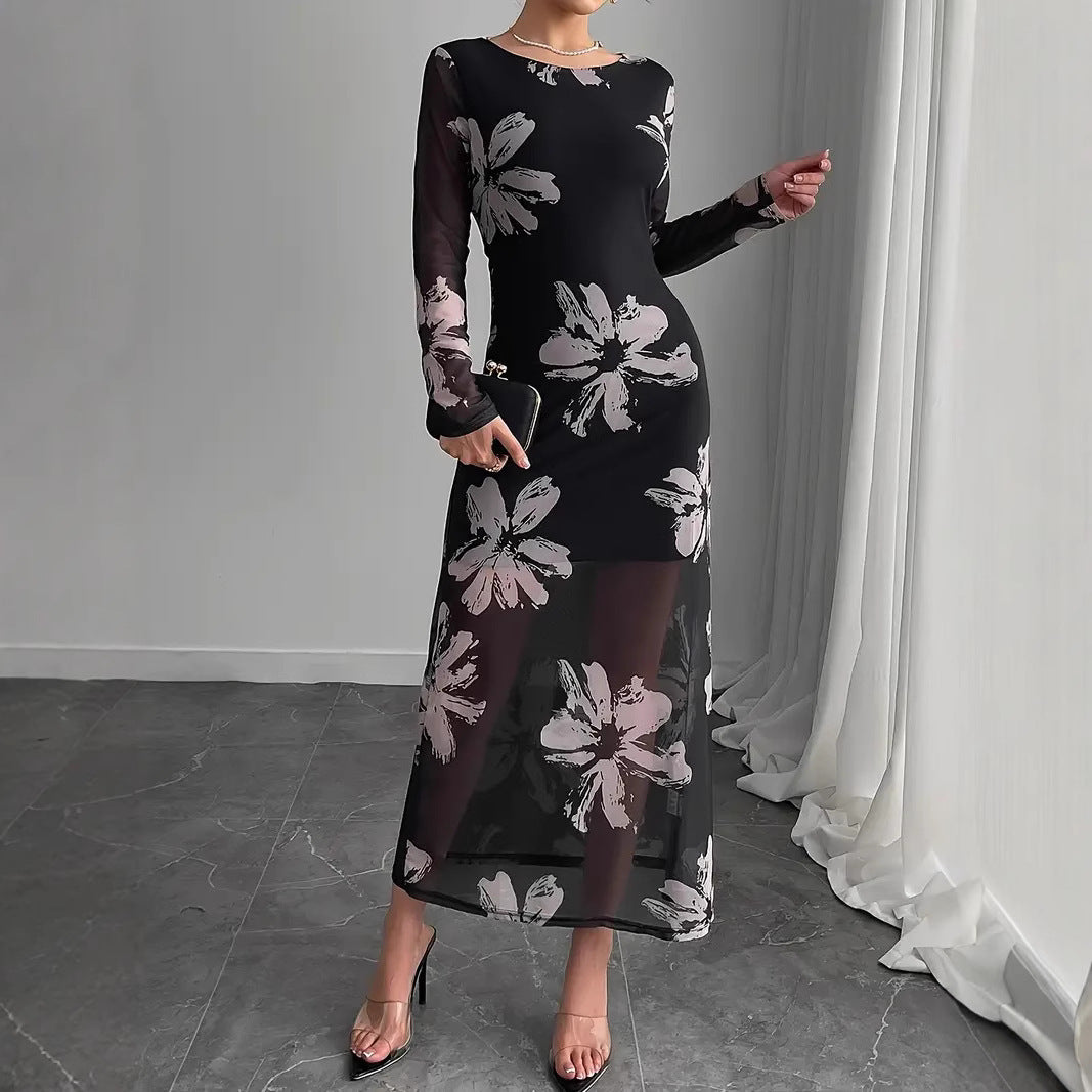 Dame maxikjole med transparent blomstermønster og lange ærmer Stilla