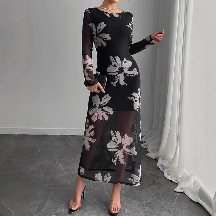 Dame maxikjole med transparent blomstermønster og lange ærmer Stilla