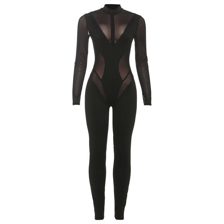Dame Elegant Catsuit med gennemsigtige indsatser og høj krave Skovae