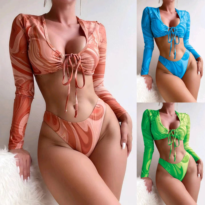 Dame Surf-bikini-sæt med langærmet crop-top og højt skårne underdele Skovae