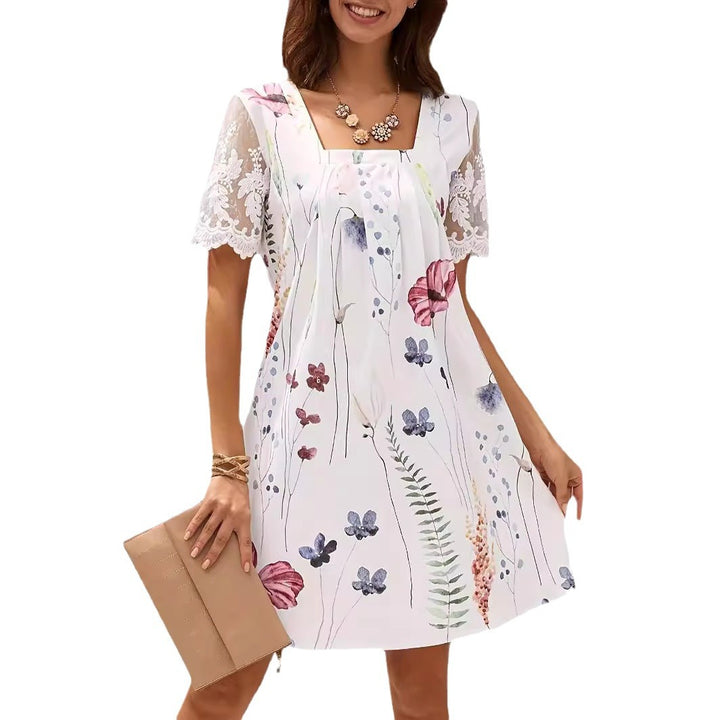 Dame Floral Print Shift Kjole med Spidsærmer Stilla