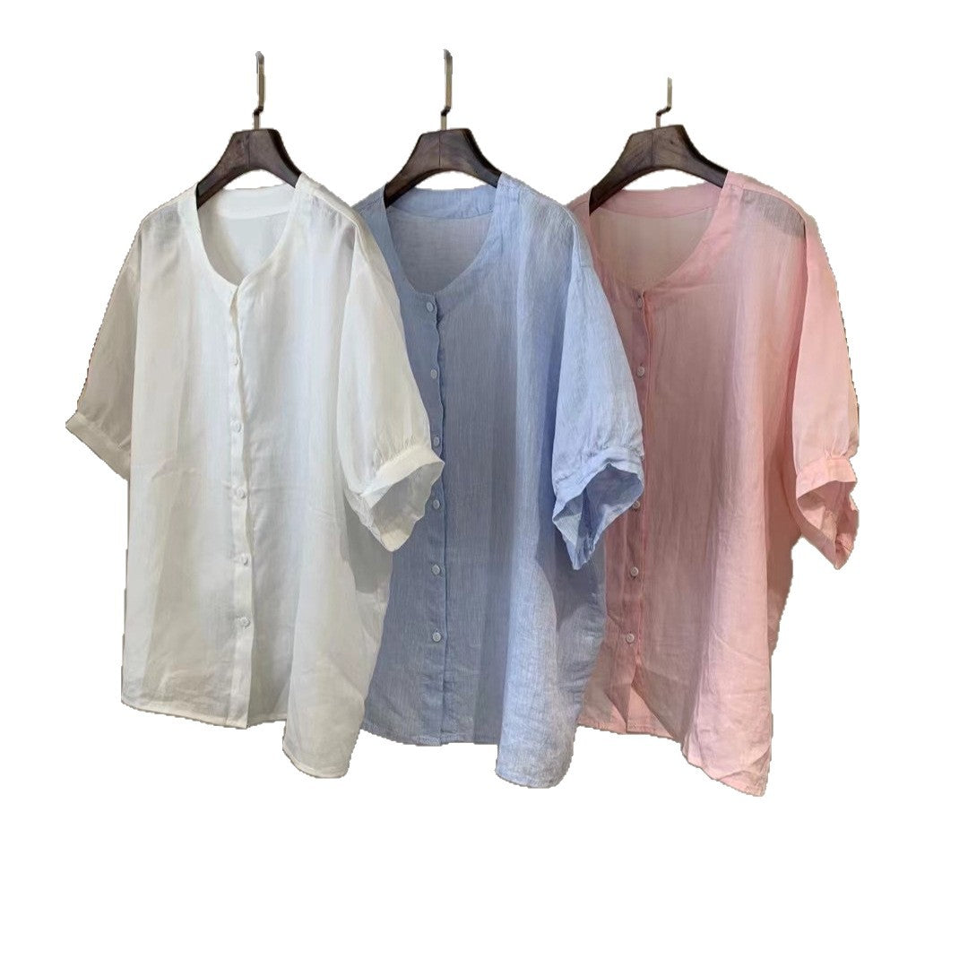 Femme Relaxed Fit Blødt Linned Kortærmet Skjorte Stilla