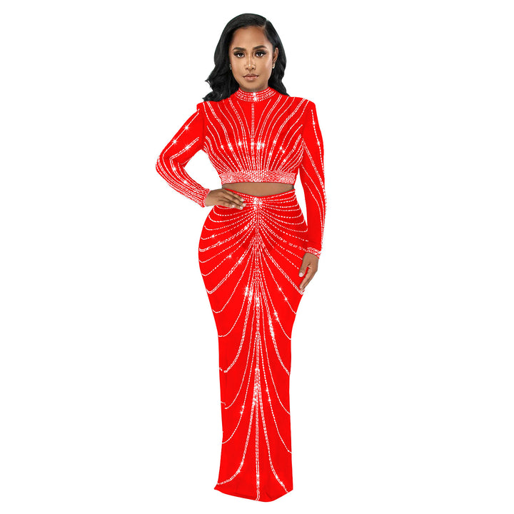 Dame Elegant Crop-Top og Maxi-Nederdel Sæt med glitrende Strass-dekorationer Stilla