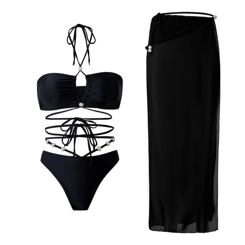 Dame bikini-sæt med fashionabel cut-out-design og elegant omslagsskjørt Skovae