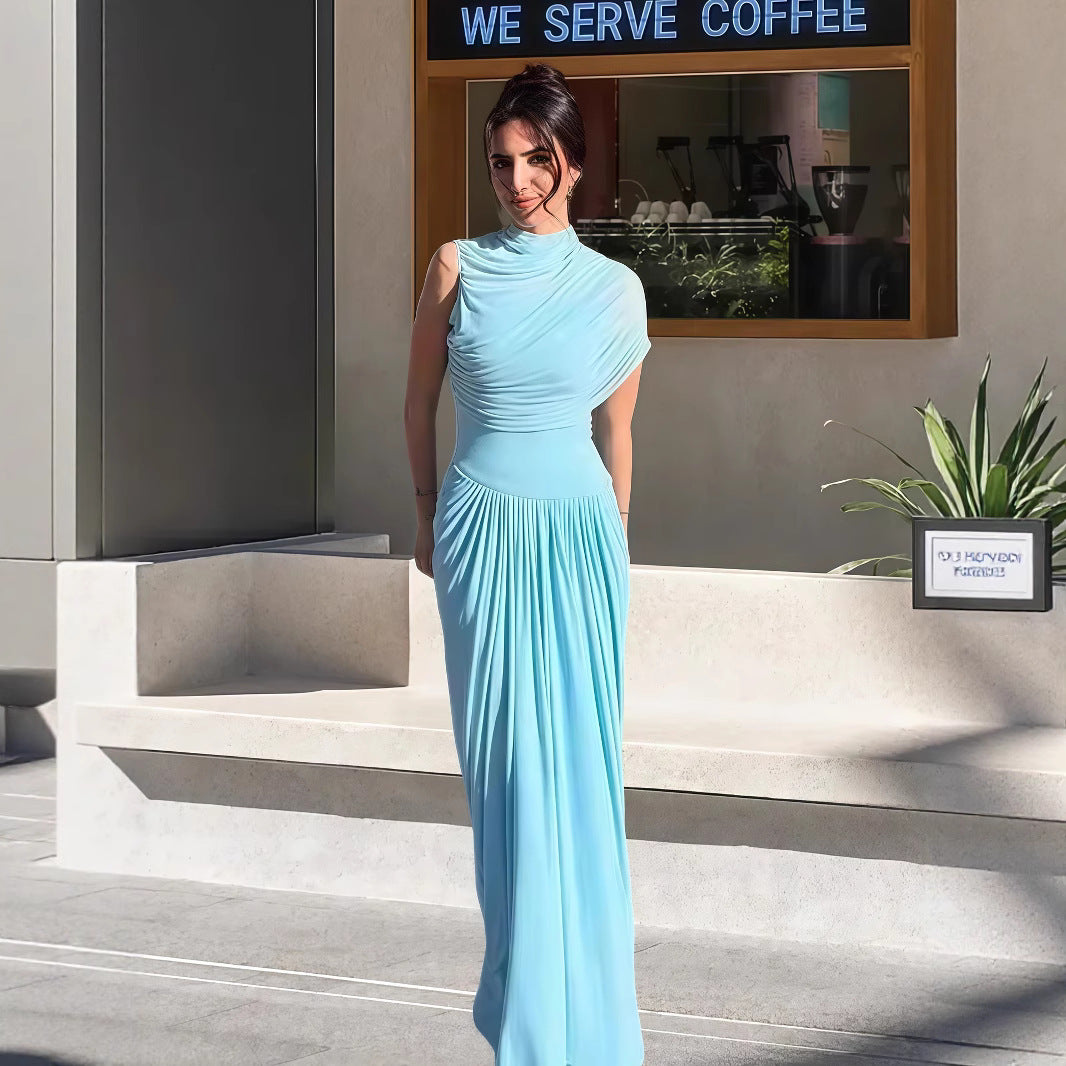 Damer Elegant Maxi Kjole med Asymmetrisk Top og Blid Drapering Skovae
