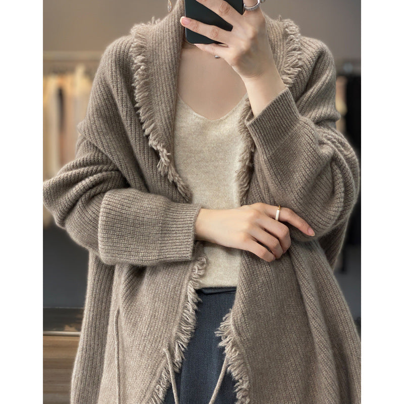 Dame elegant struktureret strik-cardigan med frynse-detalje Stilla