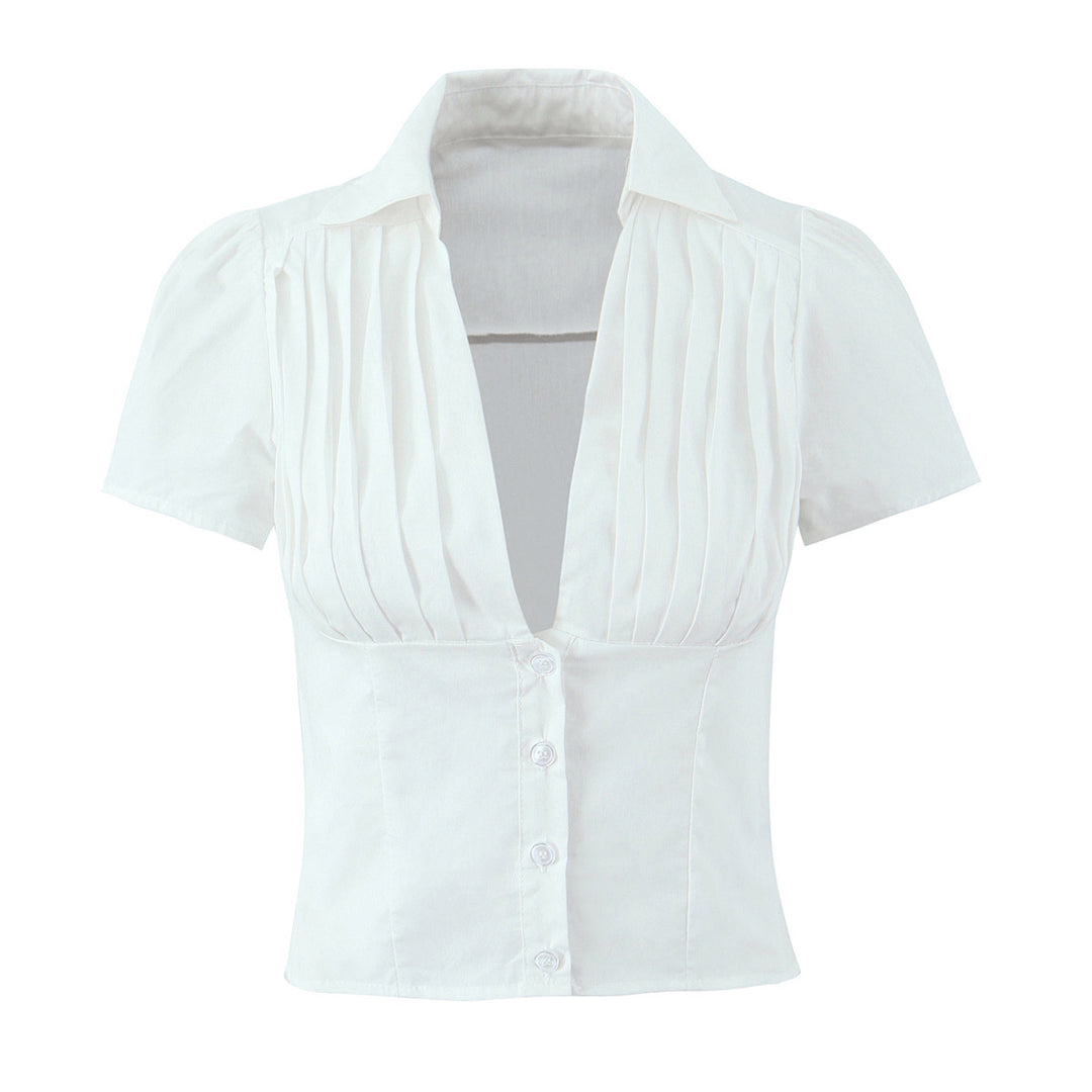 Dame taillet bluse t-shirt med elegante folder og V-udskæring Stilla