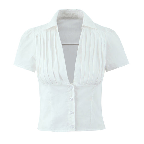 Dame taillet bluse t-shirt med elegante folder og V-udskæring Stilla