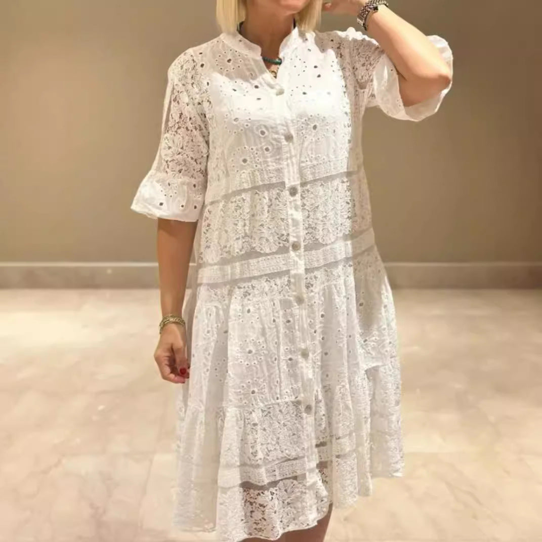 Dame nan Skjorte Bluser-Midikjole med Spids-Einsätzen, Lagdelt Nederdel og Gennemgående Knapliste Skovae