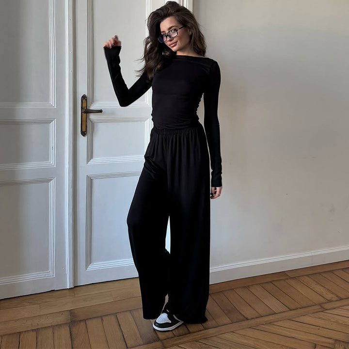Dame afslappet lounge-sæt med langærmet top og løstsiddende bukser Stilla