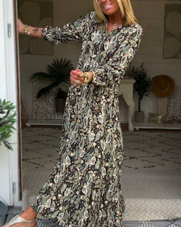 Dame nan Boho-Maxi-Kjole med Paisley-Print, V-hals, rynket talje og flæsekanter Skovae