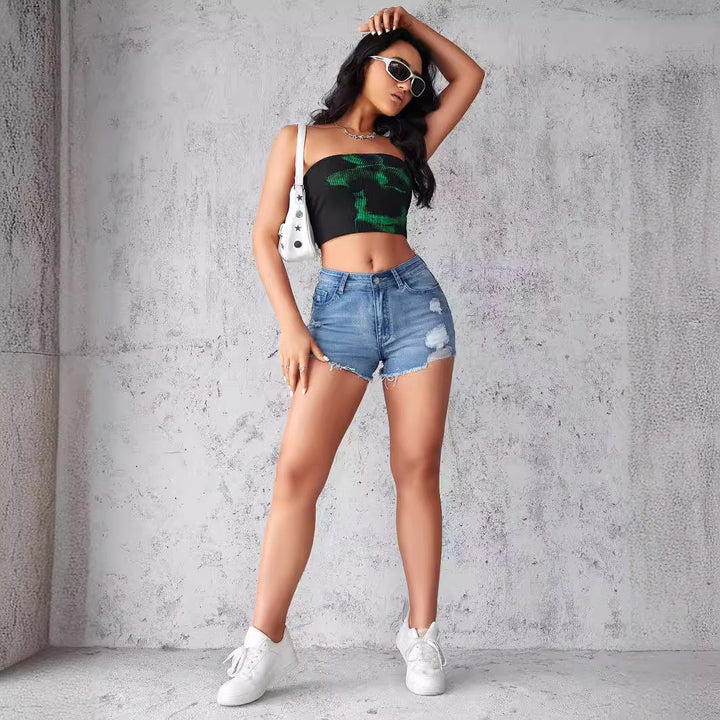 Dame Ripped Denim Shorts i afslappet relaxed Fit med frynset kant Stilla