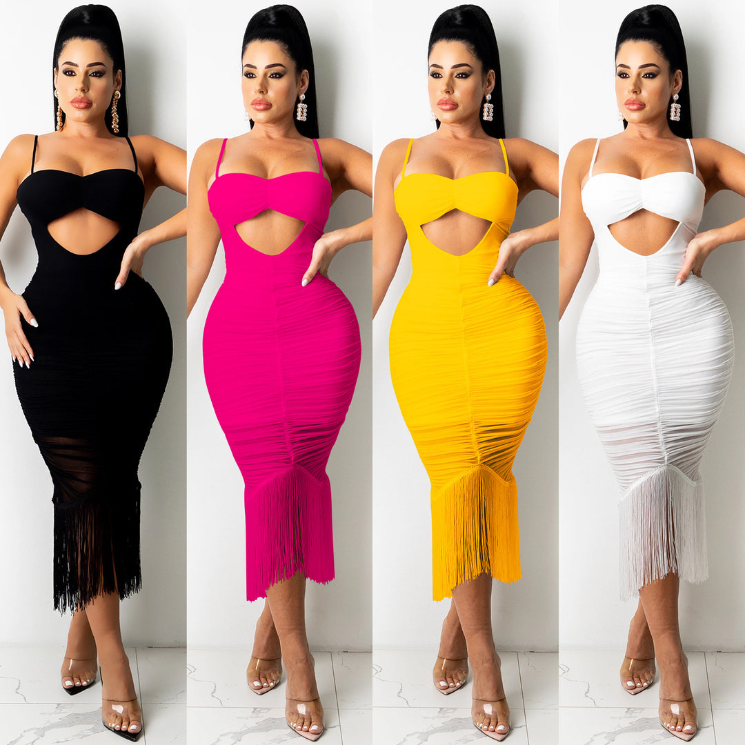 Dame figursyet Cut-Out Midi-kjole med frynser Stilla