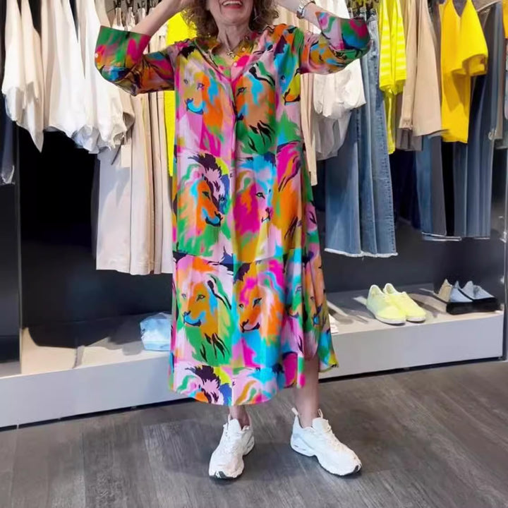 Dame nan Skjortebluse-Maxikjole med Pop-Art løveprint, knaplukning og stiklommer Skovae