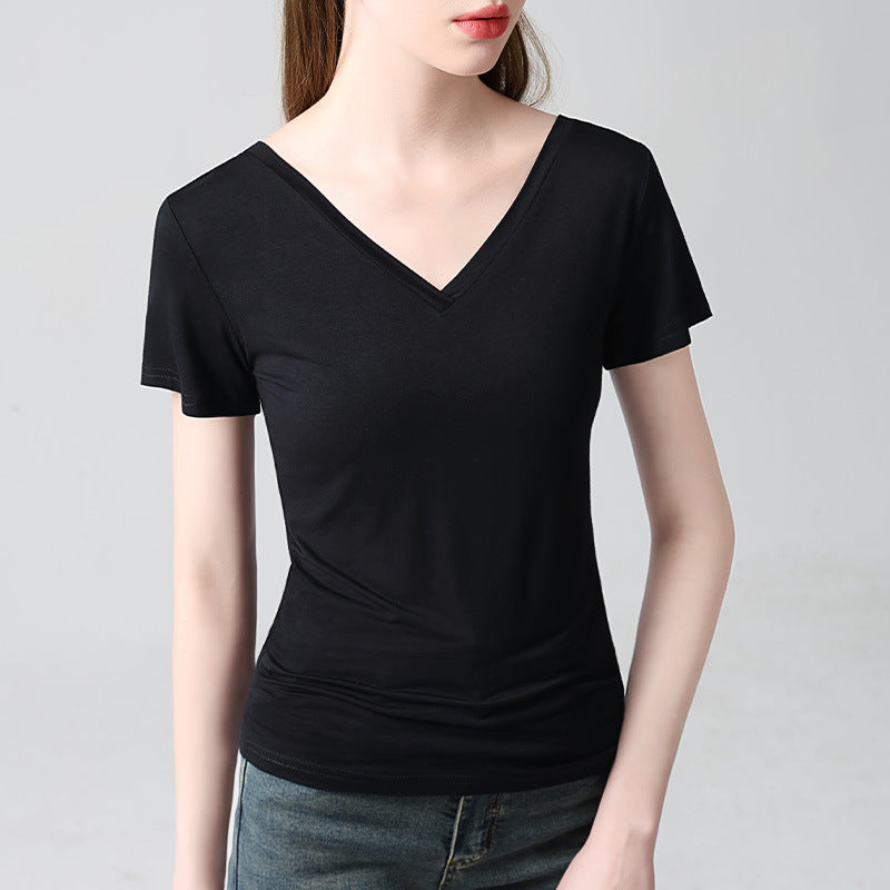 Dame elegant V-hals T-shirt lavet af høj kvalitet bomuldsblanding med figursyet pasform Stilla