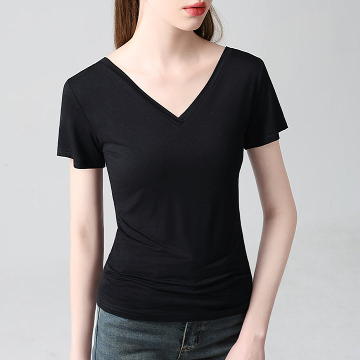 Dame elegant V-hals T-shirt lavet af høj kvalitet bomuldsblanding med figursyet pasform Stilla