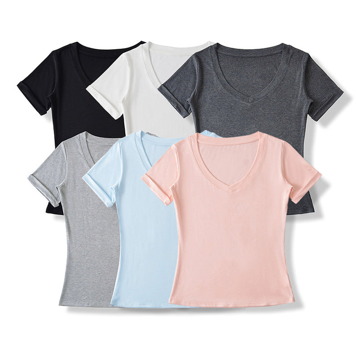 Dame V-hals T-shirt i åndbart bomuldsblandingsmateriale med figursyet snit Stilla