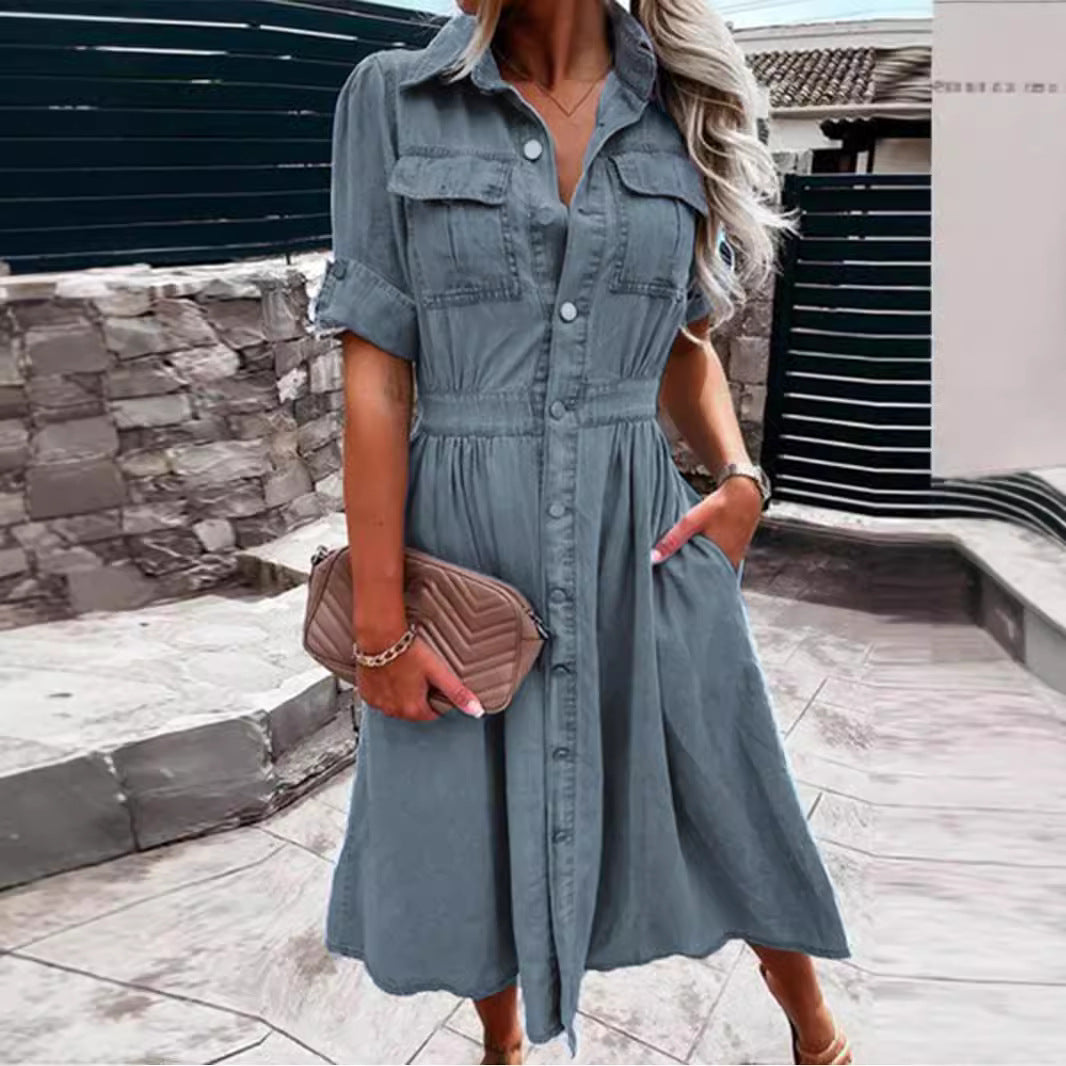 Kvindernes denim skjortekjole med praktiske lommer og elegant talje Stilla
