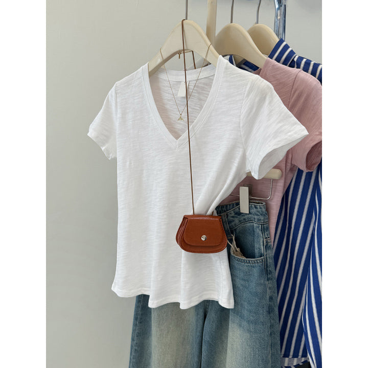 Dame Relaxed V-udskæring Slub T-shirt Stilla