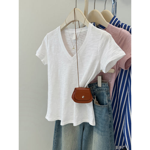 Dame Relaxed V-udskæring Slub T-shirt Stilla