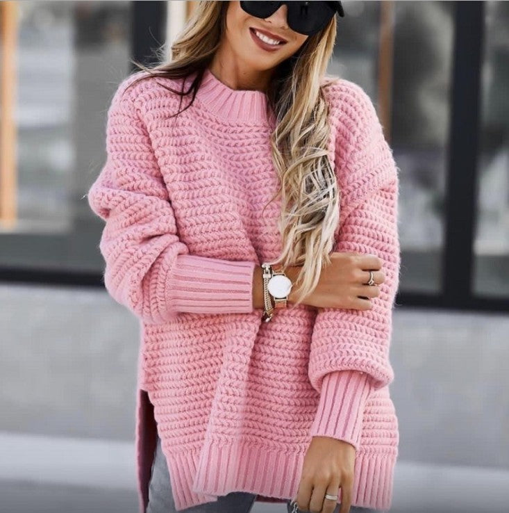Kvindernes chunky strik sweater med høj hals og sidelunger Stilla