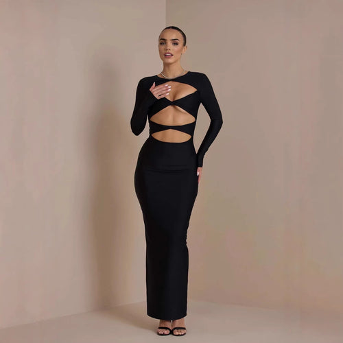 Damer Elegant Cut-Out-maxikjole med lange ærmer og dyb udskæring Skovae