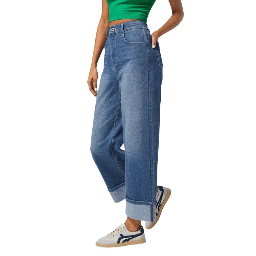 Kvinder Bred Skåret Denim Bukser med Opfoldet Kant Stilla