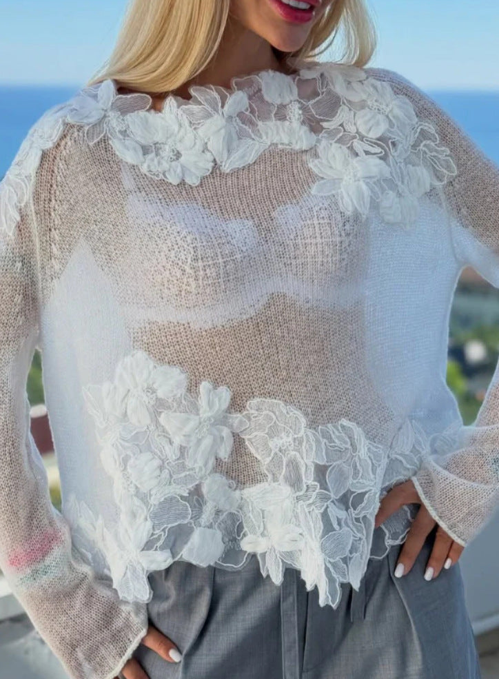 Women's striktrøje med blomsterlacre detaljer og gennemsigtigt design Stilla