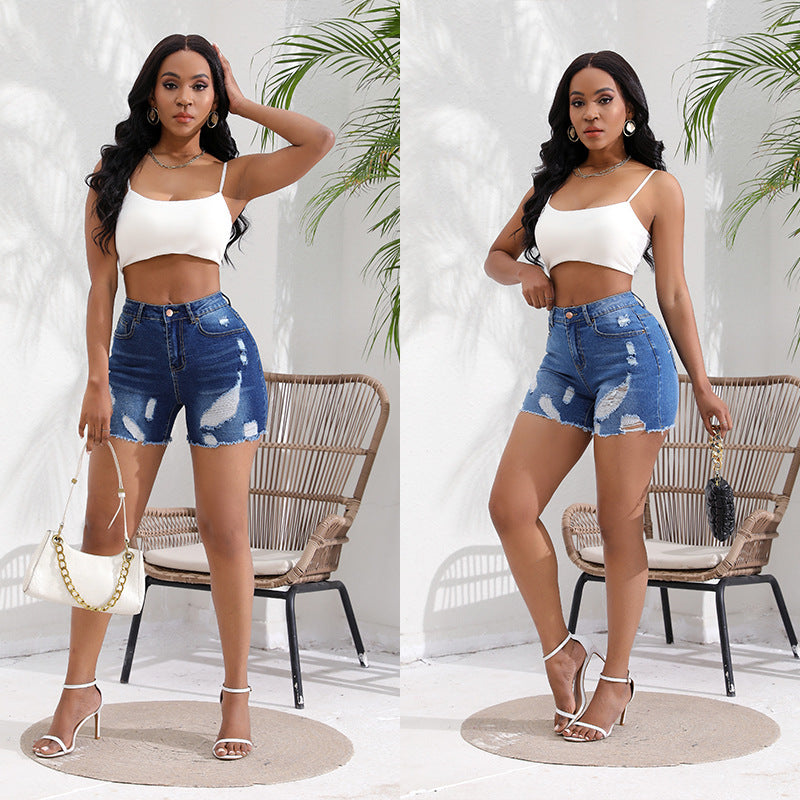 Damejeans-shorts med høj talje og trendy frynser Stilla