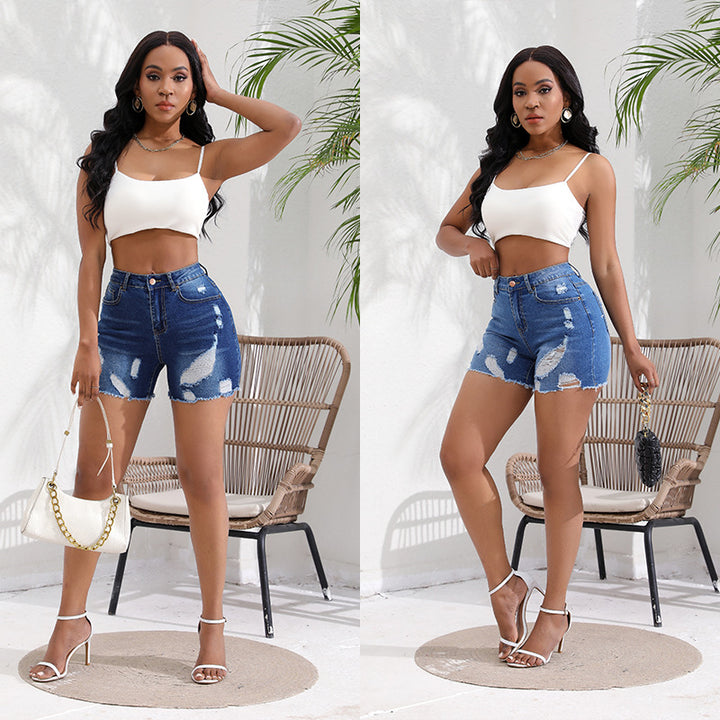 Damejeans-shorts med høj talje og trendy frynser Stilla
