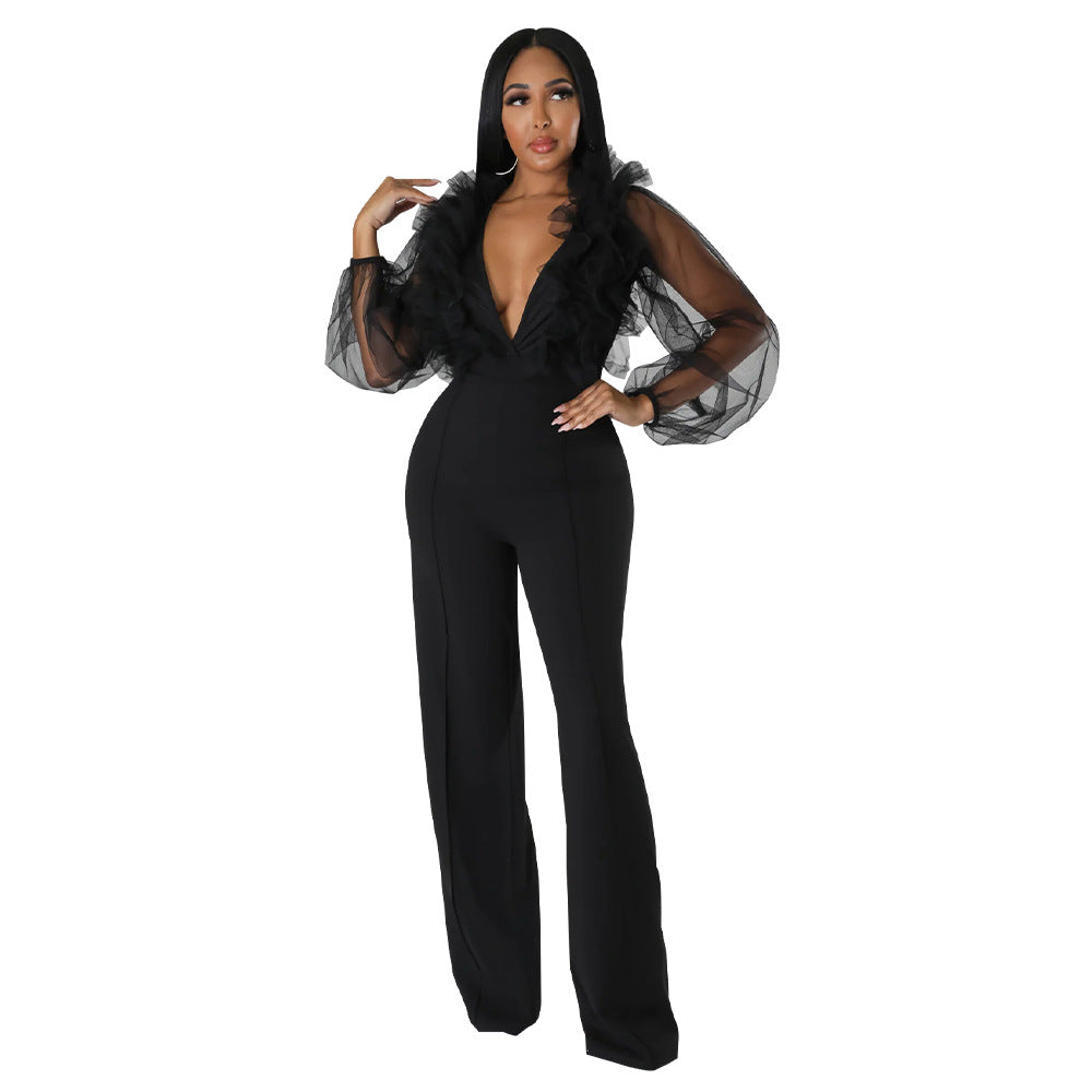 Dame Elegant Jumpsuit med voluminøse flæseærmer og højhalset krave Stilla