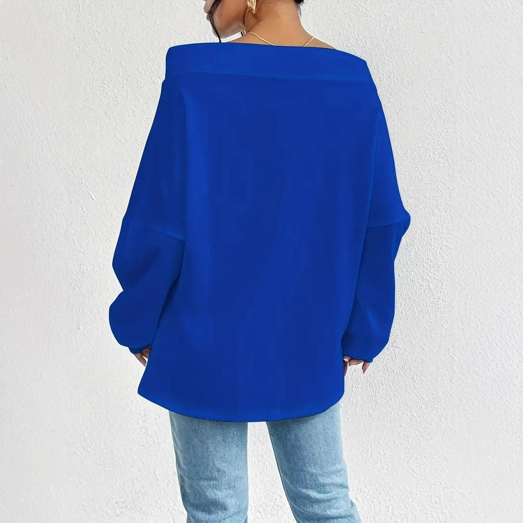 Kvinders afslappede oversized pullover med åben krave og praktiske snore