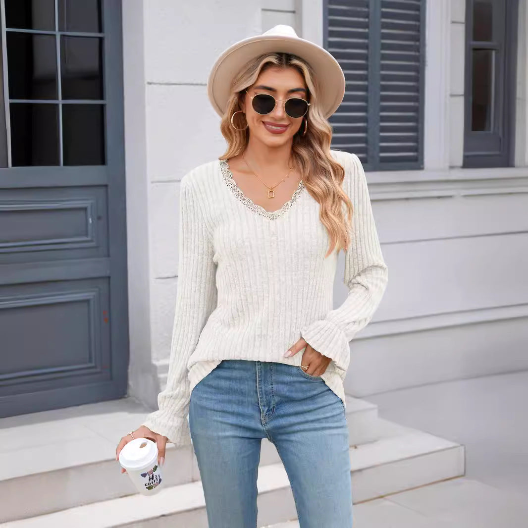 Dame elegant V-hals bluse med fin ribstruktur Stilla