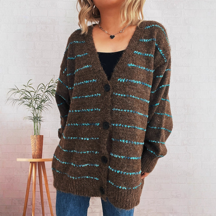 Damer varm strik cardigan med stribet mønster og store knapper Stilla